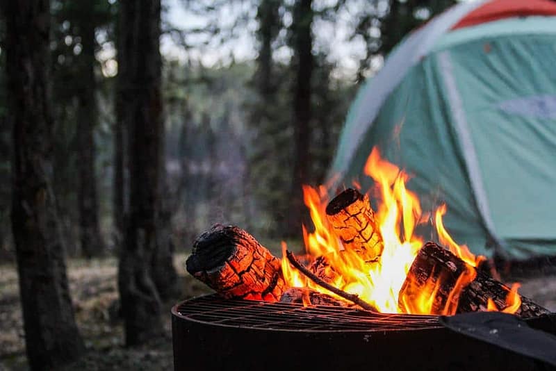 A campfire in the woods with a tent in the background.