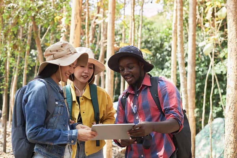 Campers solidify plans in a forest, unaffected by high gas prices.