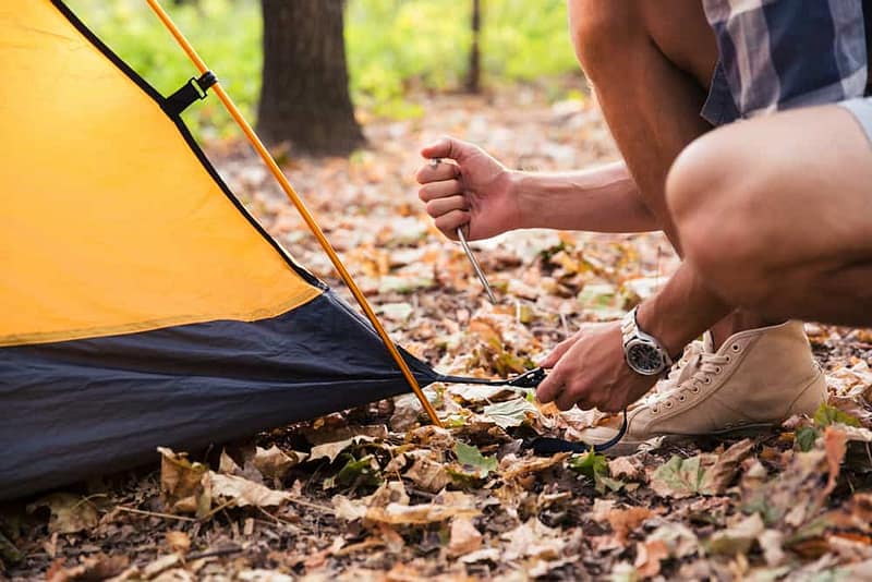 A man, representing Scouts Canada, demonstrating camping preparedness by skillfully tying up a tent in the woods.