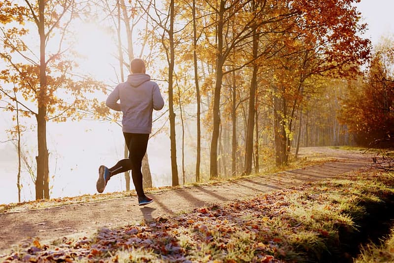 A man is jogging through the Tater Tot Trail in Ontario during the fall.