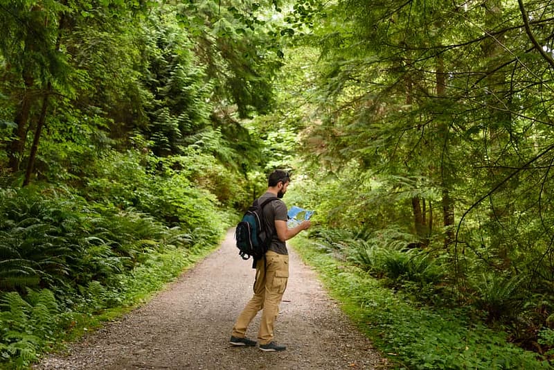 A man with a backpack is walking down a path in the Vermont forest.