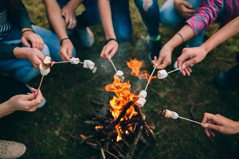 A group of friends holding marshmallows around a campfire during a Great Cause event where NRMA Parks and Resorts and Camp Quality Team Up.