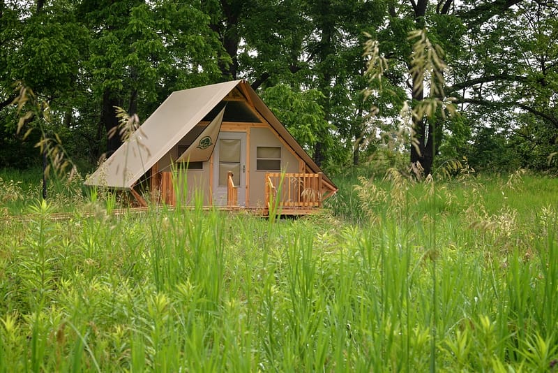 A tan tent sits in the middle of tall grass at the Twyn Rivers Day Use Area, which has recently reopened.