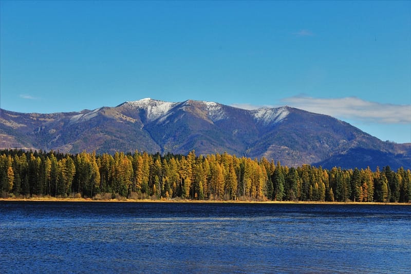 Lazy Acres RV Park located in Missoula County offers a serene landscape with a picturesque lake nestled amidst majestic mountains.