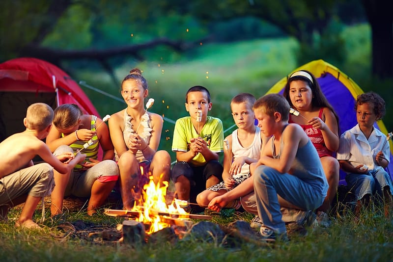 A group of Campers sitting around a campfire in New England during Mid-Season.
