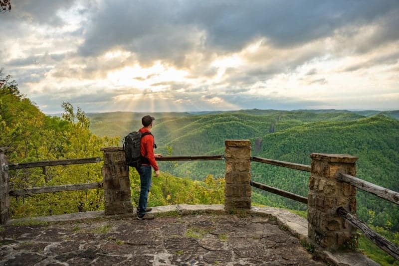 A man is standing on a bridge in Kentucky State Park, overlooking a valley.