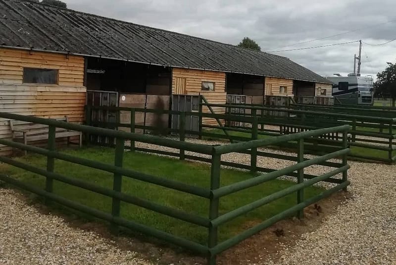 A cluster of horse stalls in a picturesque grassy area in Shropshire, showcasing Darwin's Legacy.