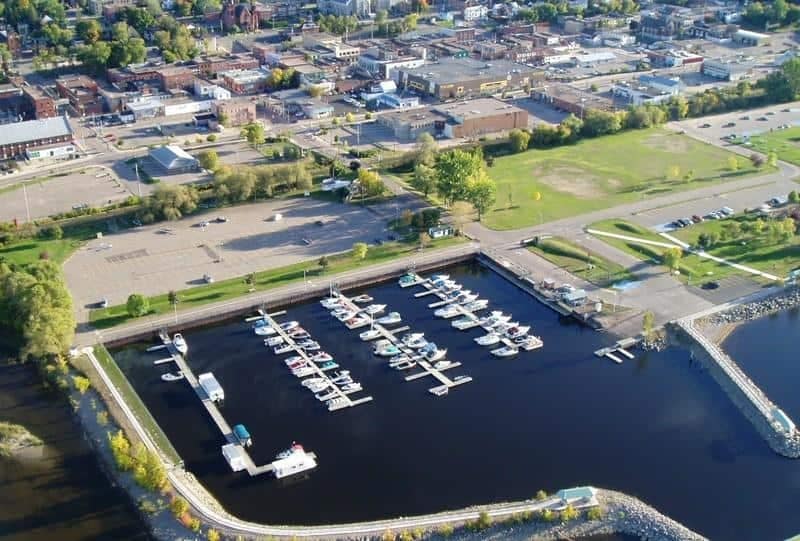 An aerial view of Pembroke Marina with boats docked in it.