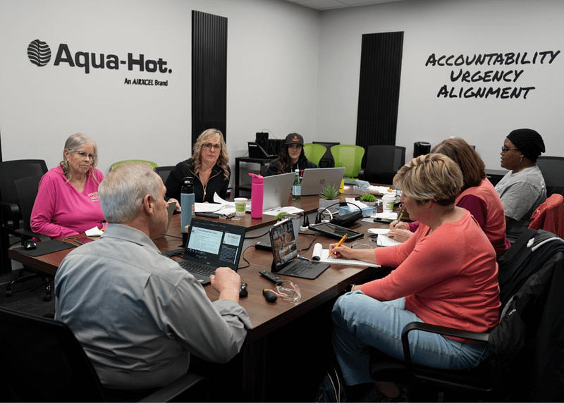 Seven professionals in a boardroom meeting discussing strategies, with laptops and documents on the table, including materials for Aqua-Hot systems, and 'accountability, urgency, alignment' written on a wall.
