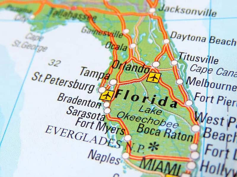A close up of a thriving tourism map of Florida.