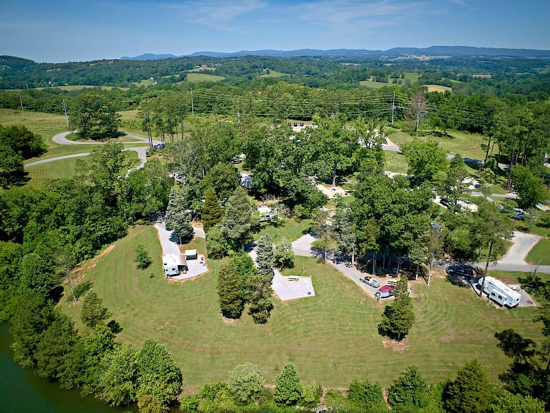An aerial view of an RV park near a lake at TVA Campgrounds reopening on March 15.