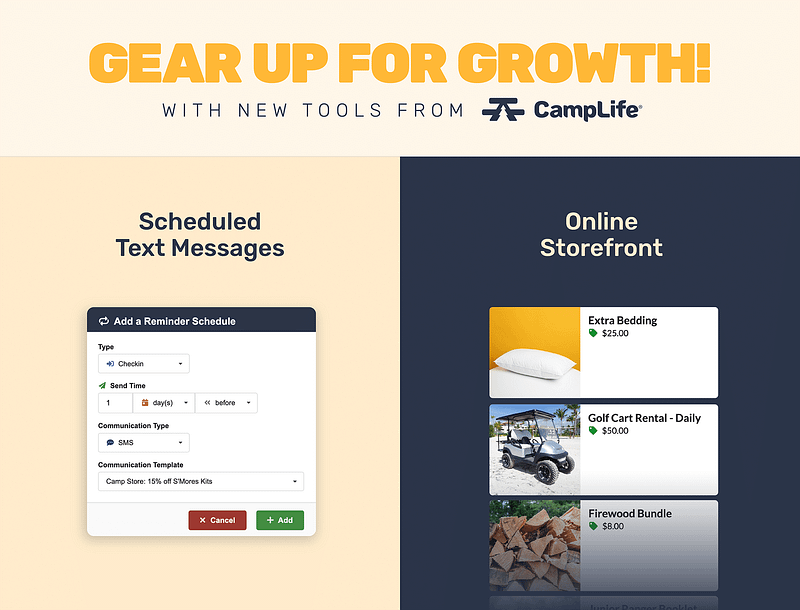 A screenshot showcasing the CampLife tool to boost merchandise sales and improve guest communication for growth.