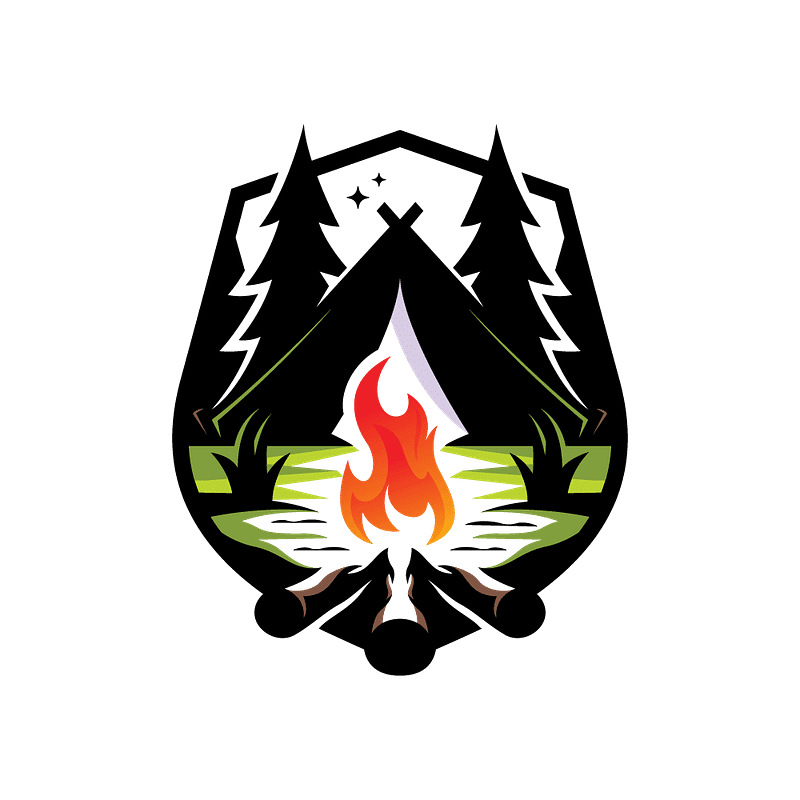 A camping logo featuring a campfire and trees, sponsored by a business.