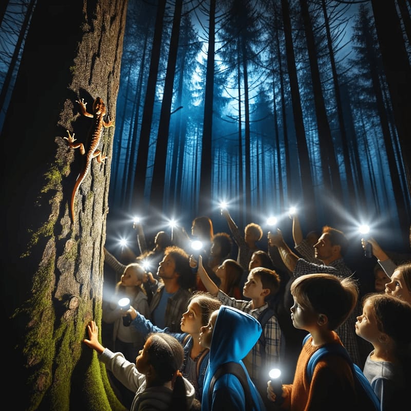 A group of people in Rocky Fork State Park holding flashlights, engaged in a nighttime salamander search.