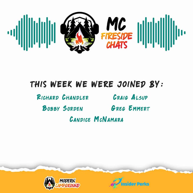 Promotional graphic for "MC Fireside Chats" featuring a campfire logo flanked by green sound waves, listing guest speakers for the week on a torn paper design.