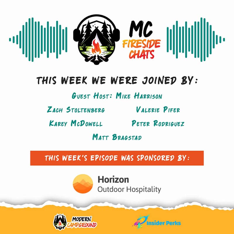 Graphic for MC Fireside Chats podcast, featuring a campfire logo, guest names Mike Harrison, Zach Stowensberg, Valerie Rodriguez, Matt Bragstad for the May 8th, 2024 episode, and sponsors Horizon, Modern Campground, Insider Perks.