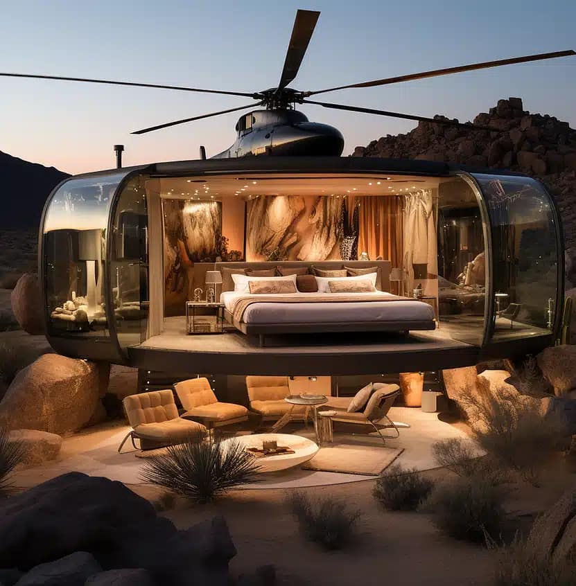 A luxurious helicopter glamping experience awaits you in the desert.