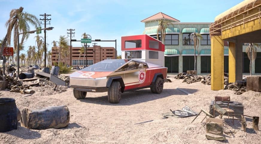 A sustainable truck is parked in the middle of a city, showcasing CyberLandr technology.