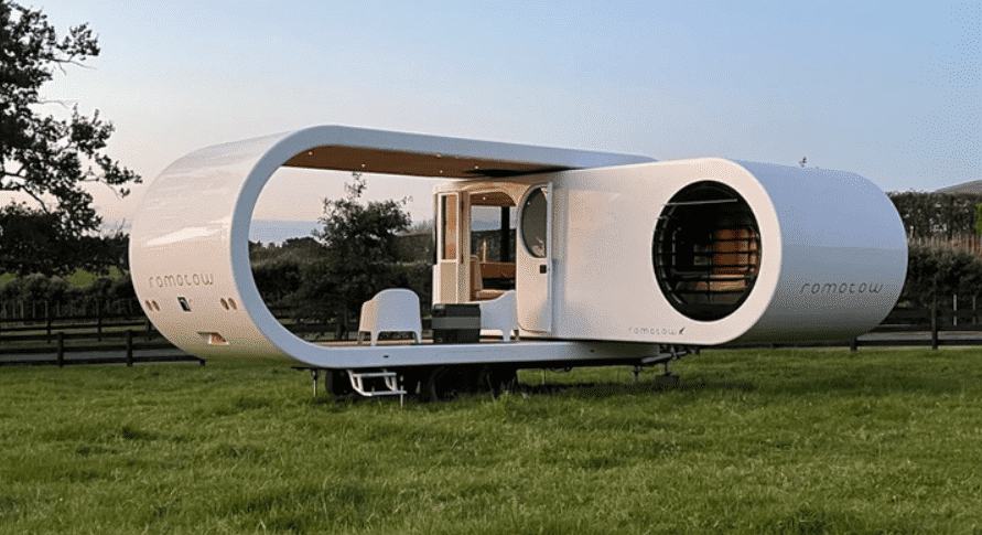 A glamping experience in a Wild Romotow, a tiny house situated in the middle of a rotating field.