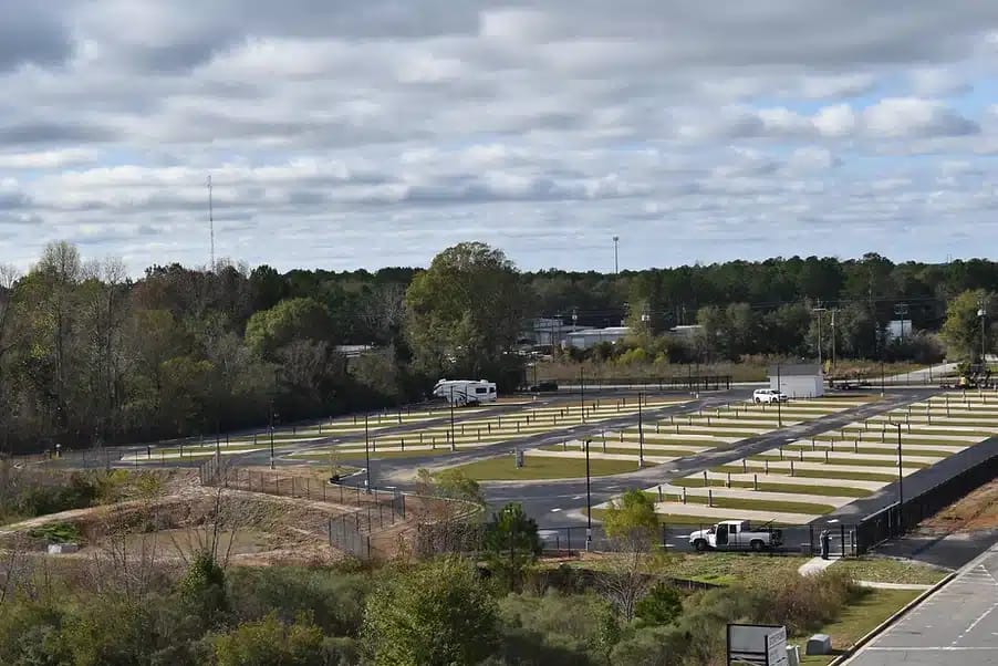 An automated aerial view of a large parking lot in Georgia, resembling an RV park.
