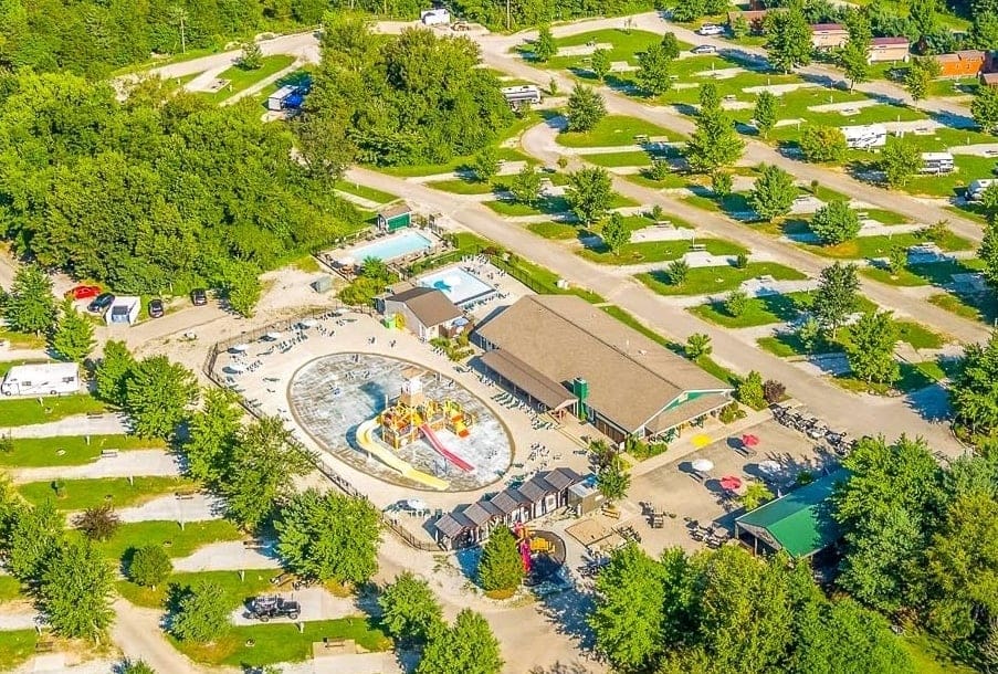 An aerial view of Four Points RV Resorts in the woods.