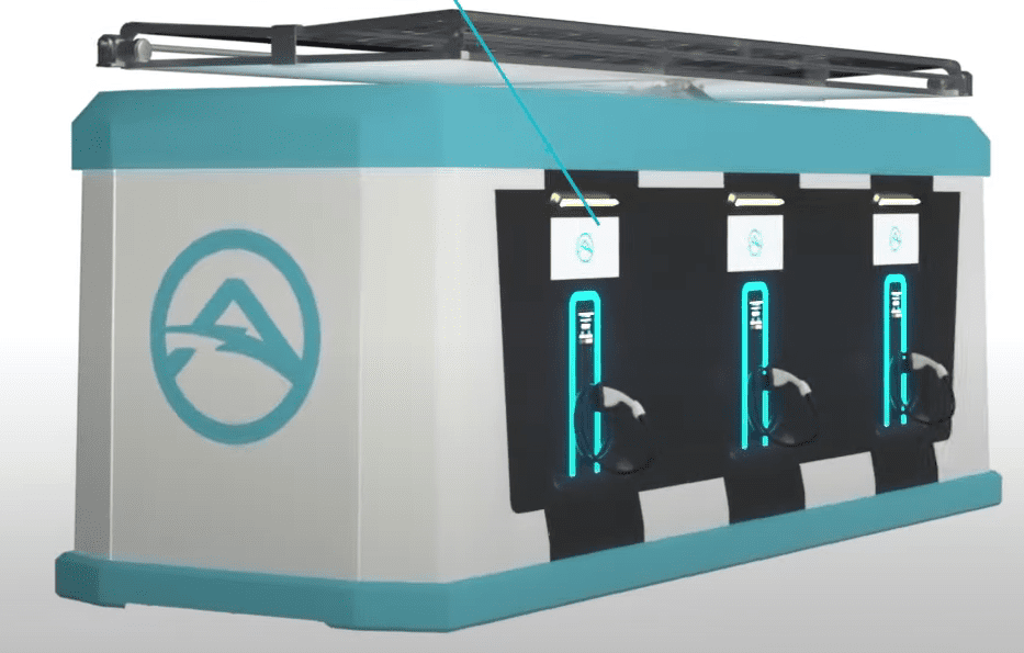 A blue and white vending machine with an a on it, manufactured by Shyft Group.