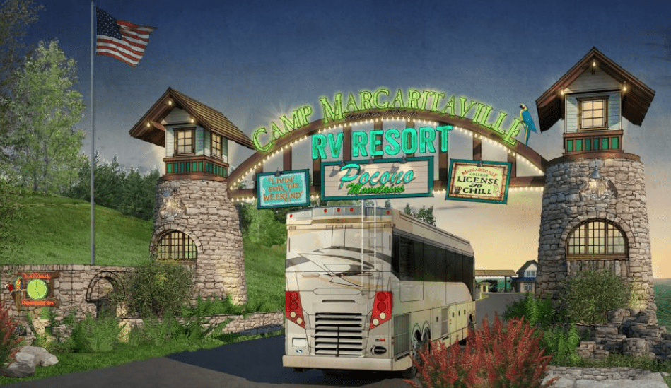 The entrance to a Margaritaville resort with a bus in front of it.