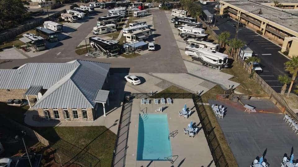 An aerial view of Gulf Beach RV Resort in Biloxi, with lots of IVEE Group's RVs.