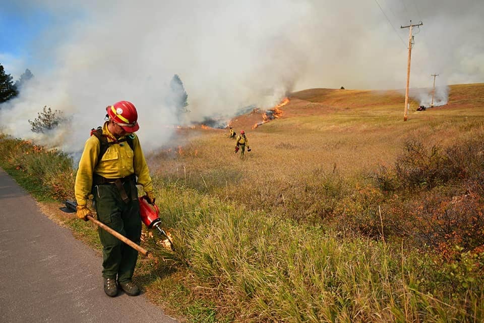 A firefighter from Wind Cave National Park is battling a fire in a field.