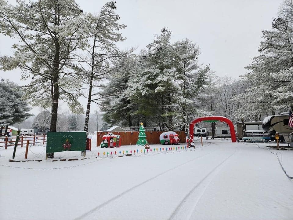 A snow covered road with a christmas tree in the Valley of Lights.