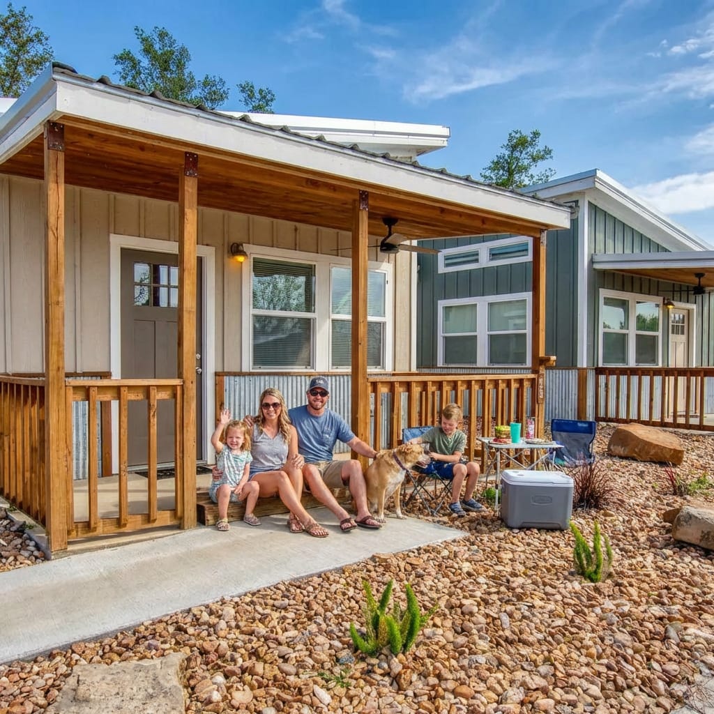 A family with two children and a dog sits on the porch and front yard of a small modern house, surrounded by rocks and plants under a blue sky.