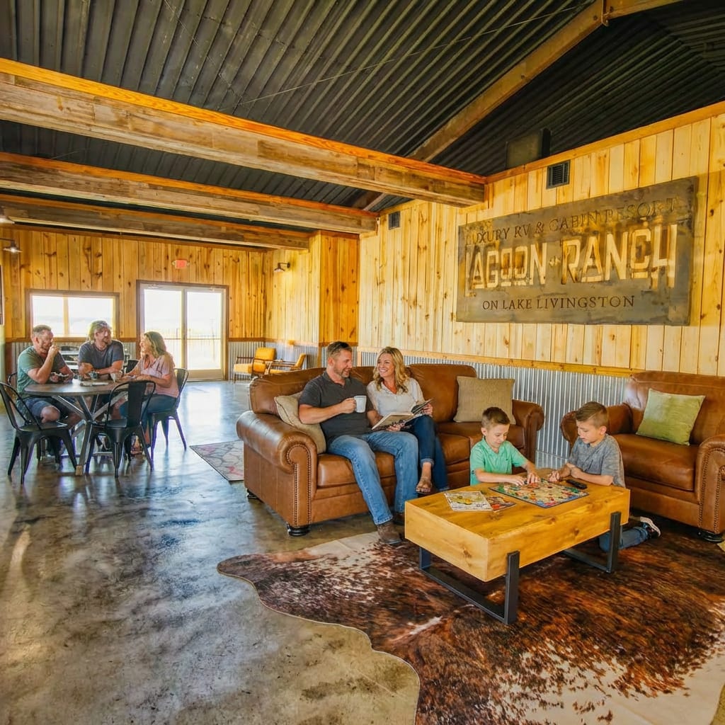 Two families relax in a rustic lodge with wooden walls; one family sits on couches, the other at a dining table. A large sign reads "Lagoon Ranch on Lake Livingston.