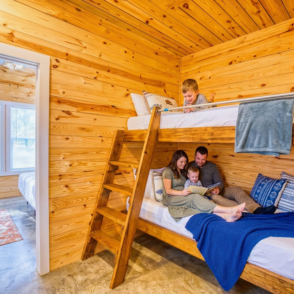 A family of four sits on wooden bunk beds in a cozy, wood-paneled room, with one child on the top bunk and the other child and parents reading a book on the bottom bunk.