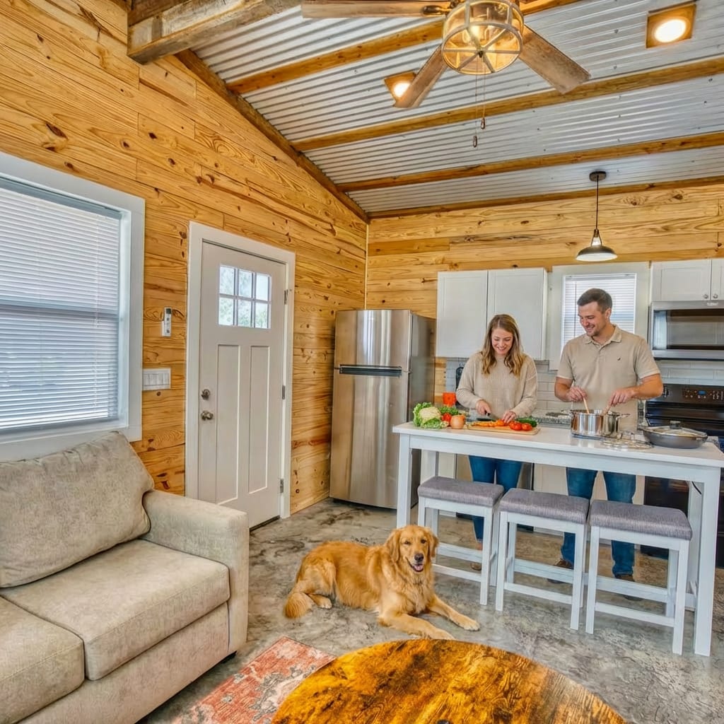 A man and woman prepare food together at a kitchen island in a cozy wood-paneled room, while a golden retriever lies on the floor nearby.