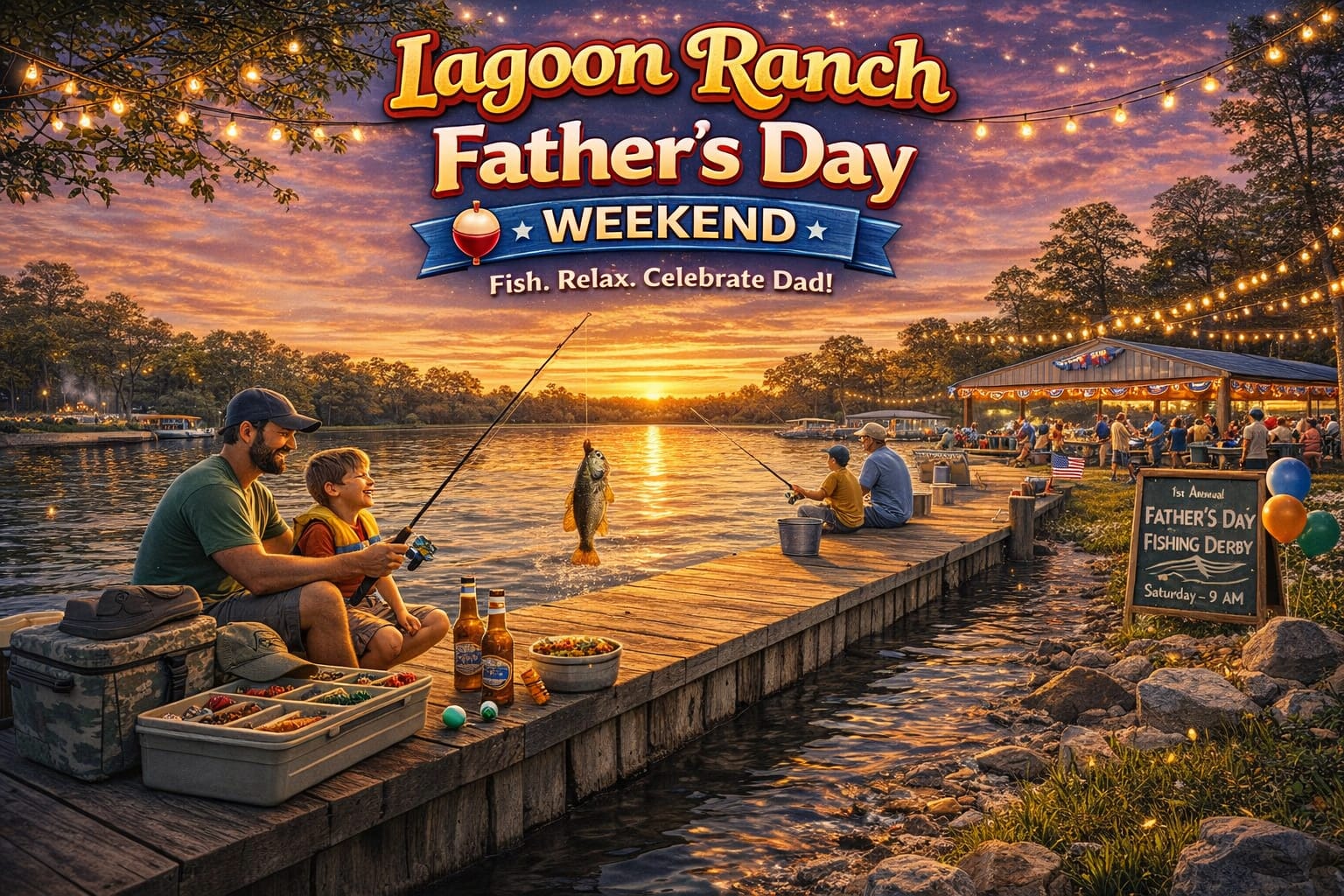 A father and son fish on a dock at sunset during a Father's Day event, with a sign for a fishing derby and string lights over a lakeside pavilion.
