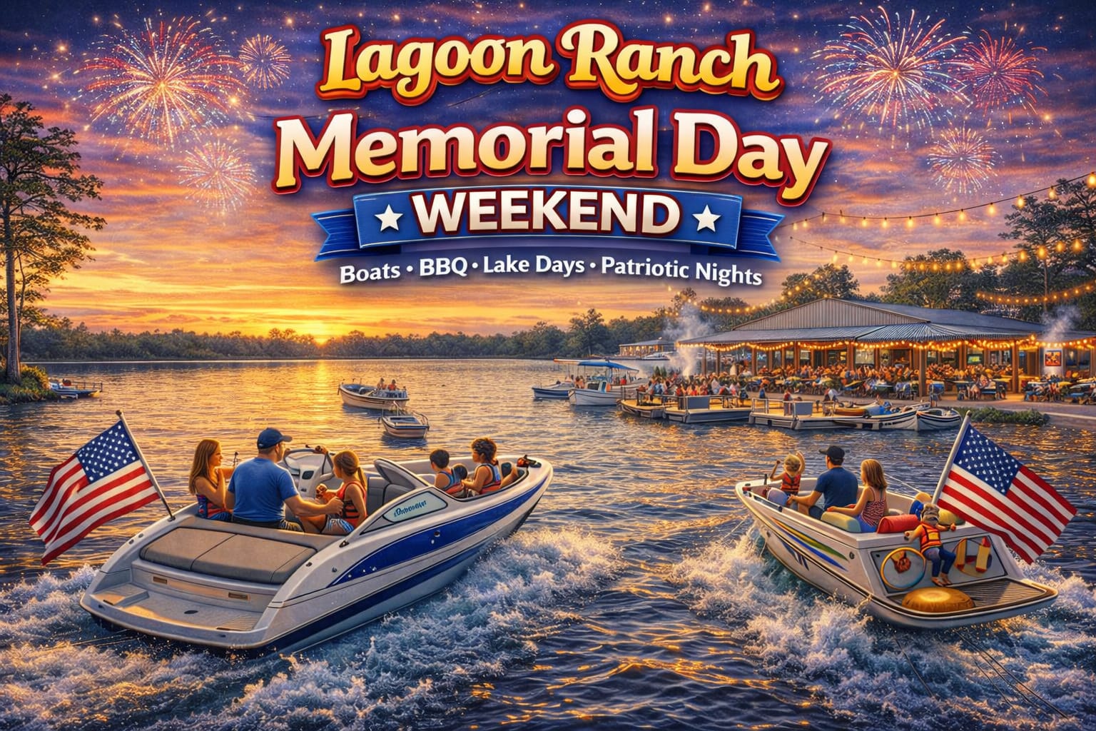 Boats with American flags on a lake during sunset, people enjoying Memorial Day weekend; fireworks and a lakeside event venue in the background. Text promotes Lagoon Ranch Memorial Day Weekend.