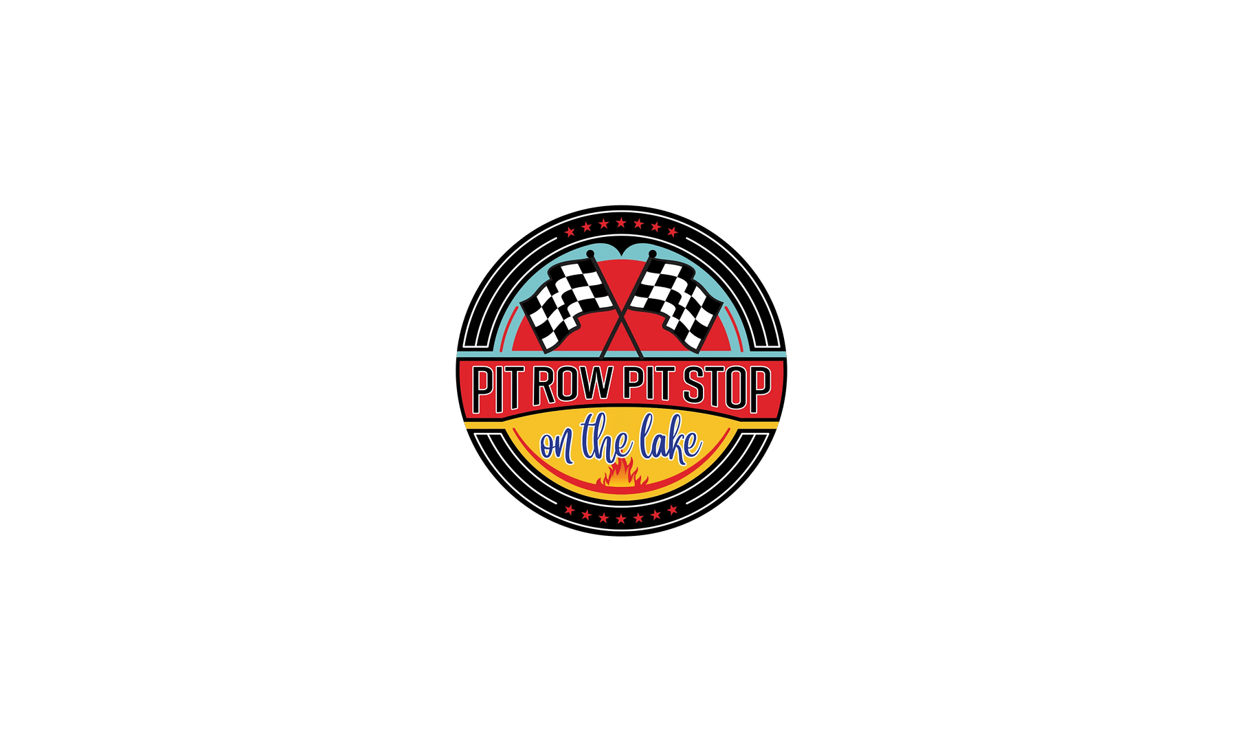 A circular logo with crossed checkered flags, a red racetrack, and the text "Pit Row Pit Stop on the lake" in bold, colorful lettering.