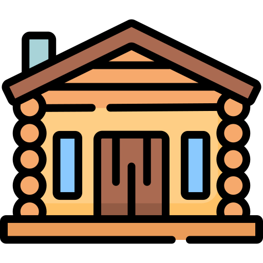 Simple illustration of a log cabin with a brown roof, two blue windows, a brown double door, and a small chimney.
