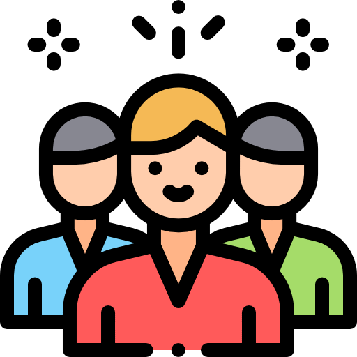 Illustration of three people standing together, with one person in front wearing red and two others behind wearing blue, symbolizing teamwork or community.