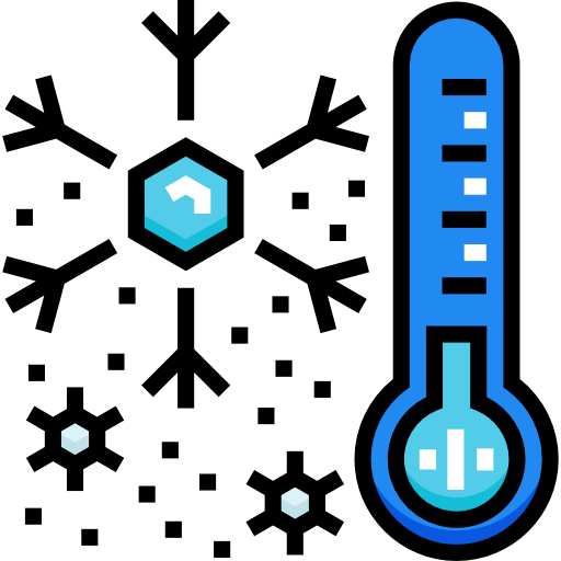 A blue thermometer showing low temperature next to several stylized snowflakes, indicating cold weather or freezing conditions.