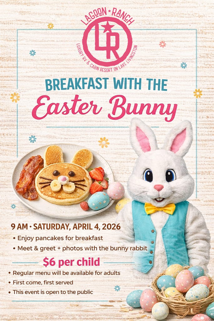 Event flyer for "Breakfast with the Easter Bunny" at Lagoon Ranch, featuring a costumed bunny, bunny-shaped pancakes, and event details for April 4, 2026.