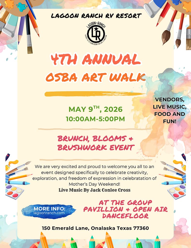 Colorful event flyer for the 4th Annual OSBA Art Walk on May 9, 2026, at Lagoon Ranch RV Resort, featuring art, vendors, live music, brunch, and dance.