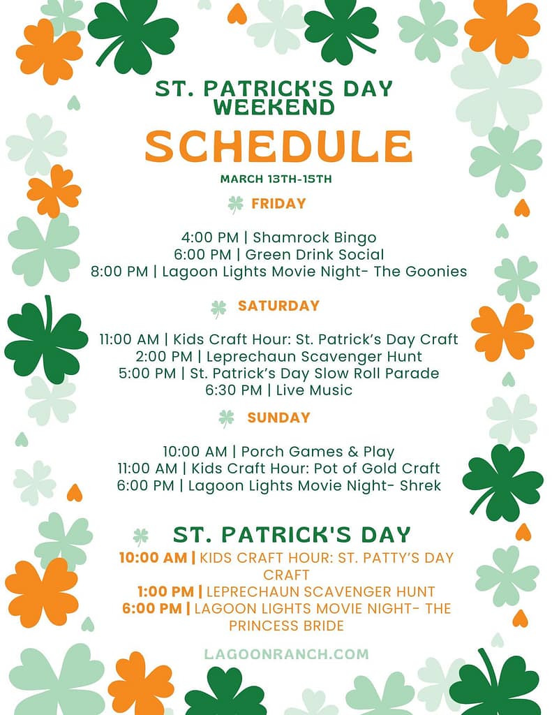 St. Patrick's Day Weekend schedule with event times and activities listed for Friday, Saturday, and Sunday; decorated with green and orange shamrocks.