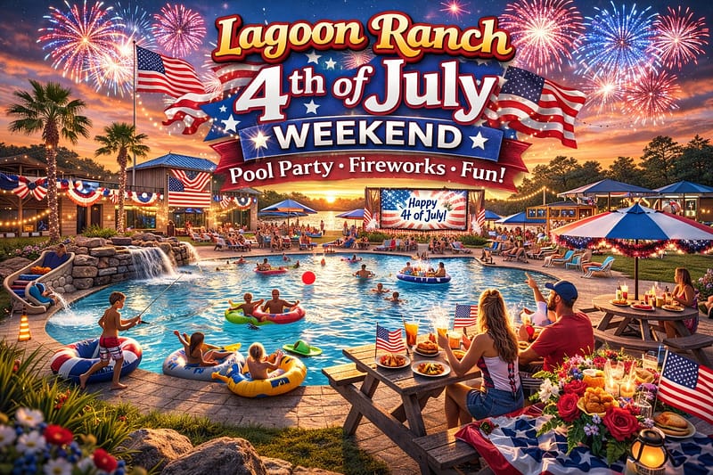 People celebrate at a festive pool party decorated with American flags, with food, fireworks, and banners reading “Lagoon Ranch 4th of July Weekend—Pool Party—Fireworks—Fun.”.