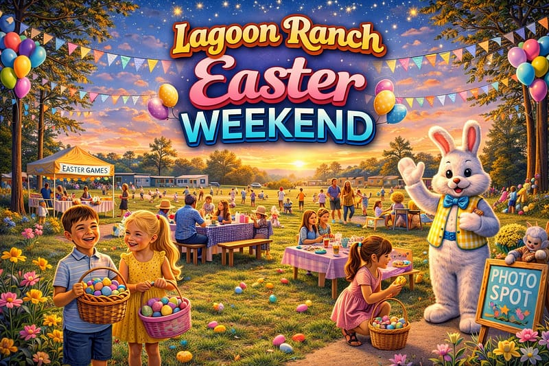 Children with Easter baskets and adults gather at an outdoor event with balloons, games, and a costumed Easter Bunny under a "Lagoon Ranch Easter Weekend" sign.