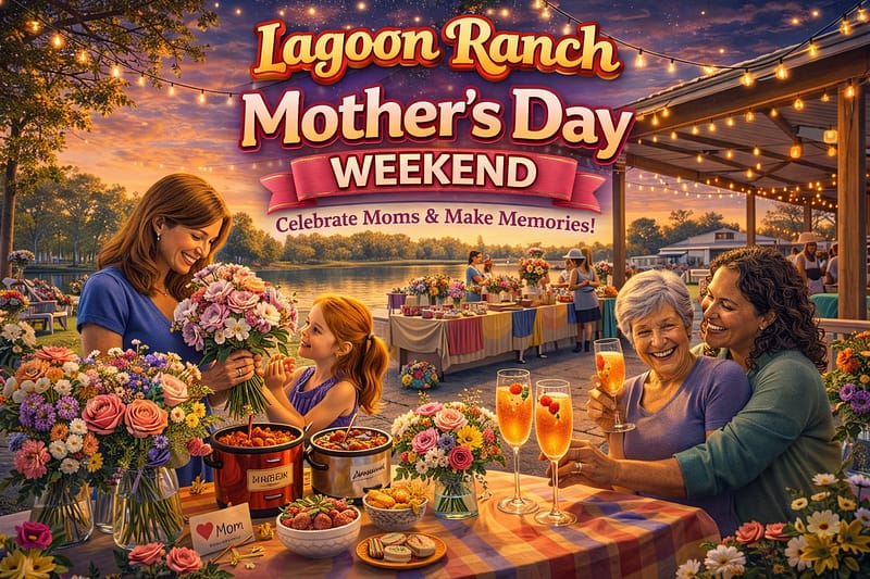 A Mother's Day weekend celebration at Lagoon Ranch, with families gathering, arranging flowers, enjoying food, and celebrating together outdoors under string lights.