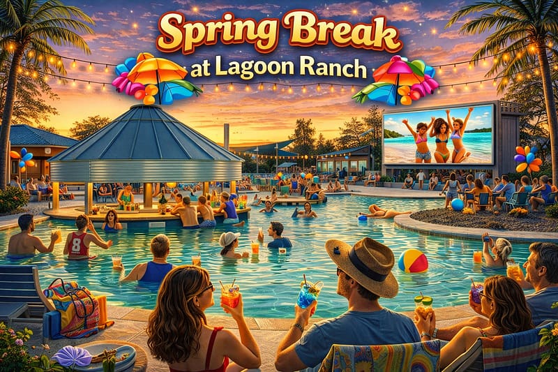 A lively pool party at sunset with people swimming, relaxing, and holding drinks. A sign reads “Spring Break at Lagoon Ranch” and a large outdoor screen shows two women in swimsuits.