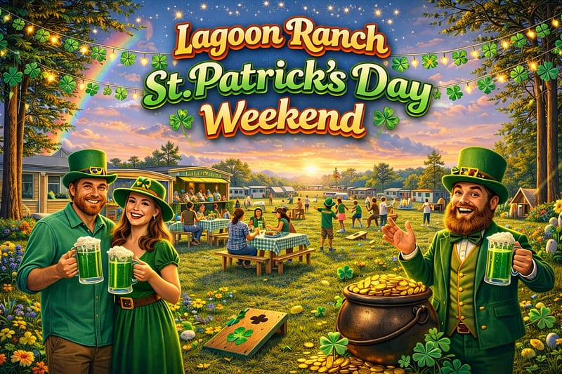 People celebrate St. Patrick’s Day at Lagoon Ranch with green drinks, festive clothing, and decorations, as a sign reading “St. Patrick’s Day Weekend” hangs above the scene.