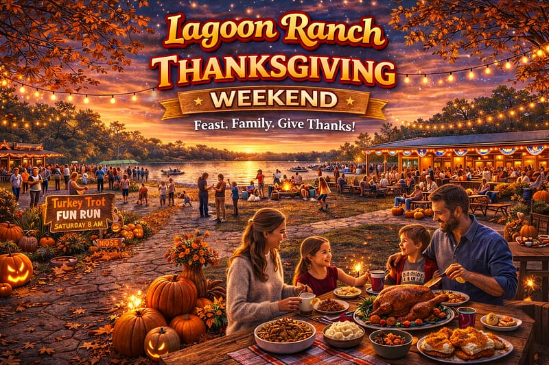 Families gather outdoors by a lake at sunset for Thanksgiving weekend at Lagoon Ranch, enjoying dinner and festivities, with a sign for a Turkey Trot Fun Run visible.
