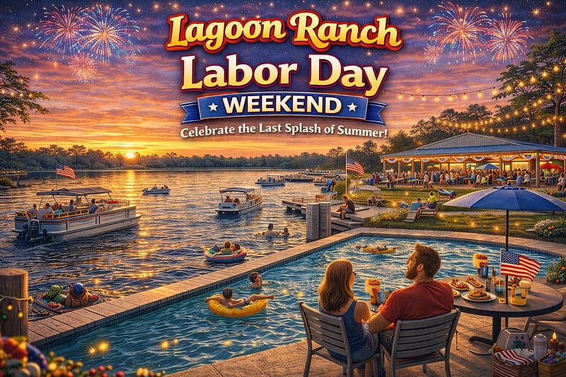 People relax by a pool and lake with boats, food, drinks, and fireworks. "Lagoon Ranch Labor Day Weekend" text promotes a summer celebration event.